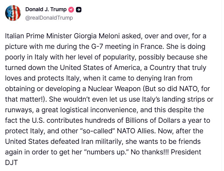 Трамп раскритиковал Мелони за отказ поддержать США по Ирану на саммите G7