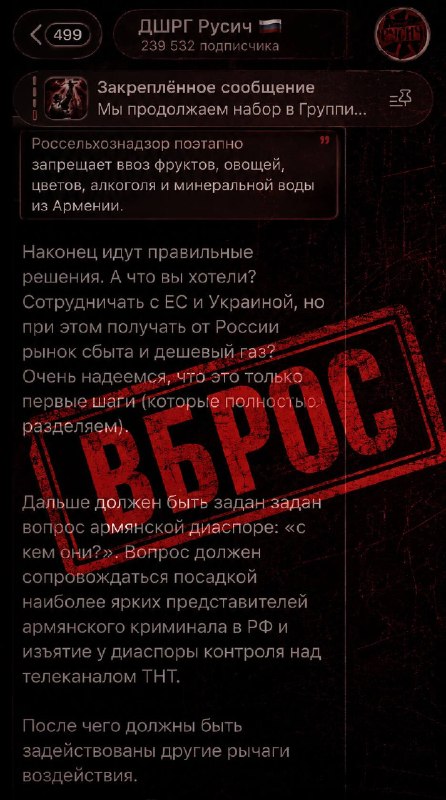 Заявление неонацистского подразделения «ДШРГ Русич» о давлении на армянскую диаспору в России.