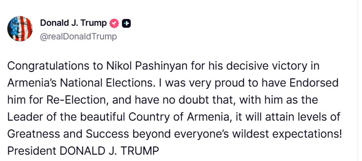 Трамп поздравил Пашиняна с победой на выборах в Армении: заявление президента США