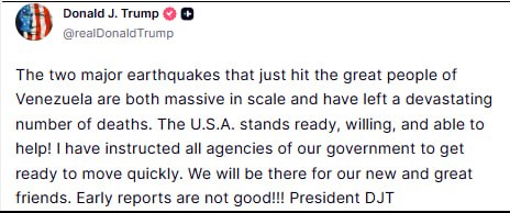 Трамп заявил о готовности США помочь Венесуэле после двух мощных землетрясений